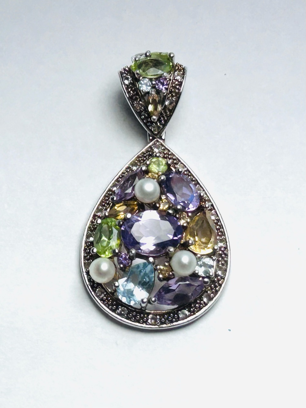 .925 Sterling Silver Multi Gems Teardrop Pendant Amethyst Citrine Peridot Pearls